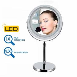 Allyine LED Makeup MIRROR-10X Magnifying 7" Double Sided Lighted Vanity Makeup Mirror With Stand Touch Button Adjustable Light-cord Or Cordless Sliver