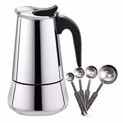 Espresso Stovetop Maker Stainless Steel Moka Pot Coffee Broad Base- 9 Cup With Coffee Scoops Measuring Spoons.
