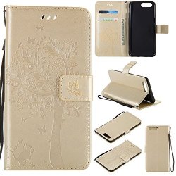 Oneplus 5 Case Nicelin Embossing Cat & Tree Pattern Pu Leather Wallet Type Magnet Closed Flip Stand Case For Oneplus 5 Gold