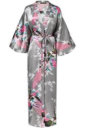 Babeyond Women's Kimono Robe Long Robes With Peacock And Blossoms Printed Silver Gray