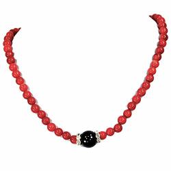 002 NY6DESIGN 7MM Red Coral Beads & 14MM Onyx Necklace W silver Plated Lobster Claw Clasp N13010112B