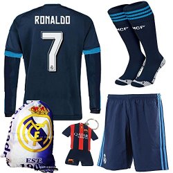 Kid Box 2015 2016 7 Blue Away Soccer Football Long Sleeve Jersey Sportswear Team Polo Shirt & Short & Sock $ Key Chain & Soccer Bag For Kids 3-14 Years 7-8 Years