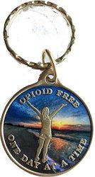 Opioid Free One Day At A Time Keychain Girl On Beach Sunrise With Serenity Prayer