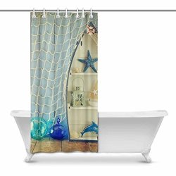InterestPrint Nautical Boat Shape Shelves And Nautical Life Style Objects On Wooden Bathroom Decor Shower Curtain Set With Hooks 36 X 72 Inches