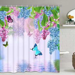 Smurfs Yingda Blue Pink Lilac Flower Shower Curtain Butterfly Lake Shower Curtain With 12 Hooks Waterproof Durable Shower Curtain For Bathroom