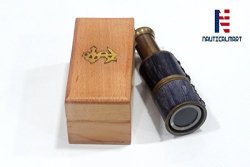 Nauticalmart 6" Handheld Brass Telescope With Wooden Box - Pirate Navigation Grey Leather