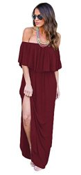 Women Midosoo Off Shoulder Ruffle Long Maxi Dress Boho Beach Party Side Split Pockets Dresses Wine Red XL