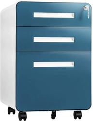 Blue Arc Edge Pataku 3-Drawer Mobile File Cabinet with Lock 5 Wheels Mental Vertical File Cabinet fits Legal/Letter/A4 Size for Home Office 