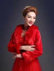 Wedding Or Special Occasion Faux Fur Wrap Coat Bolero Jacket 3 4-LENGTH Sleeves - Red