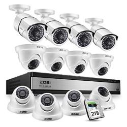Zosi 16CHANNEL 1080P HD Security Camera System 2TB Hard Drive 16CH 4-IN-1 Dvr With 4 Bullet Cameras 8 Dome Cameras Waterproof Surveillance Indoor Outdoor