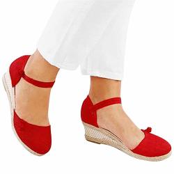 Aniywn Women Closed Toe Retro Wedge Casual Sandals Buckle Strap Ladies Espadrilles Wedge Sandals Red