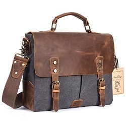 Niceebag Leather Messenger Bag Vintage Canvas Laptop Shoulder Bag Men Satchel Briefcase Bag Fits Up 13.3 Inch Laptop Dark Grey