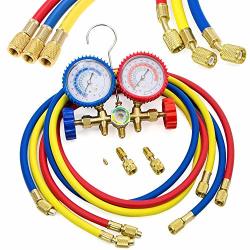 Liyyoo Refrigerant Charging Hoses With Diagnostic Manifold Gauge Set For R410A R22 R404 Refrigerant Charging 1 4" Thread Hose Set 60" Red yellow blue 3PCS With 2