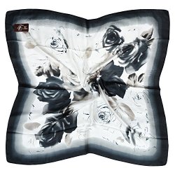 Tony & Candice Women's Graphic Print 100% Silk Silk Scarf Square 3333 Inches Black And White Flowers Print