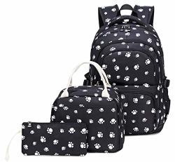 Kids Girls Backpack Elementary School Paw Prints Bookbag 3PCS Set With Lunch Bag Black
