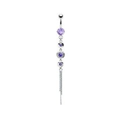 Cz Centered Crystal Drop Chain Dangling Belly Button Ring In 316L Stainless Steel - Available In Multiple Colors Tanzanite Purple