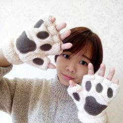 Cute Bear Paw Plush Gloves Winter Warm Knitted Gloves High Quality Half Finger Cartoon... - Beige