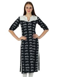 Phagun Womens Designer Cotton & Rayon Kurti 3 4 Sleeves White & Black Long Tunic Kurti PCKL143A