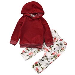 BABY Girls Long Sleeve Flowers Print Hoodie Top And Pants Outfit 80 6-12M Red