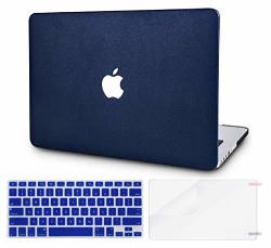 Kecc Laptop Case For Macbook Pro 15" 2019 2018 2017 2016 W keyboard Cover Italian Leather A1990 A1707 Touch Bar + Screen Protector 3 In 1 Bundle Navy Blue Leather