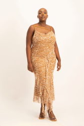 Keira Cowl Neck Ruffle Dress - Brown Zebra Print - XL