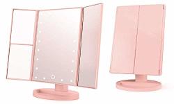 Makeup Vanity Mirror Magnifying With 21 LED Lights Cosmetic Standing Table Mirror 3X 2X Magnified Travel Foldaway Mirror 180 Degree Rotation Pink