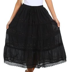 Sakkas AA854 Solid Embroidered Crochet Lace Trim Gypsy Bohemian Mid Length Cotton Skirt - Black gold - One Size