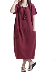 Pocket Vintage Linen Cotton Solid Color Short Sleeve Women Shirt Dress