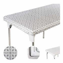 Toptablecloth Plastic Vinyl Tablecloth Silver Patterned 4FT 48 X 24 Inch Elastic Tablecloth Rectangular Fitted Picnic Folding Table Cover Outdoor Tablecloths Rectangle Tables Home Indoor Thanksgiving