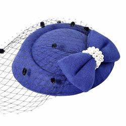 Colorido Hair Clip Delicate Elegant Vintage Solid Color Mesh Faux Pearl Women Fascinator Hair Clip Party Derby Hat Sapphire