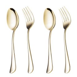 Onlycooker 4 Piece Vegetable Spoon And Serving Fork 8.7-INCH Serving 2 Set Stainless Steel Large Table Flatware Set Dishwasher Safe For Buffet Banquet Party Gold