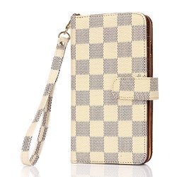 Iphone 6 Plus Case Wallet For Iphone 6S Plus 5.5 12-SLOT Pocket Id Card Holder Purse Function Hand Strap Beige Checker Print Premium Quality