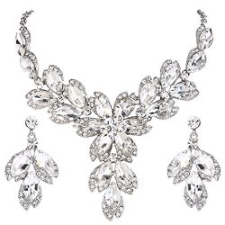 Brilove Wedding Bridal Necklace Earrings Jewelry Set Crystal Marquise Leaf Petal Flower Statement Necklace Dangle Earrings Set Clear Silver-tone