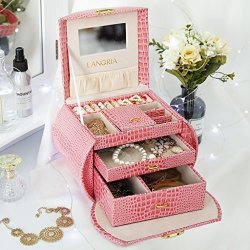 Langria Pink Jewelry Boxes Girls Travel Lockable Jewelry Orgnizer Makeup Storage Display Case With Mirror For Rings Earrings Necklace