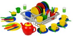 Pretend Play Kids Tea & Dinner Party Set With Drainer Rack - 43 Pieces Boxed