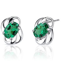 Simulated Emerald Earrings Sterling Silver Oval Shape 1.50 Carats