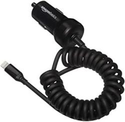 AmazonBasics Coiled Cable Lightning Car Charger - 5V 12W - 1.5 Foot - Black