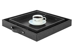 Pu Leather Square Butler Serving Tray Coffee Tray With Handles Dark Grey Set Of 2 S: 12 X 12 X 1.77 Inches L: 15 X 15 X 1.97 Inches