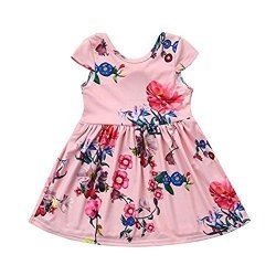 KIDS Konight Toddler Baby Girl Summer Clothes Floral Print Bowknot Princess Party Pageant Dress Outfit With Bows Pink 2-3YEARS