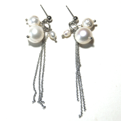 Atenea Handmade Freshwater Pearl Earrings With 3 Pearls And Loose Fine Chain & Stainless Steel Studs