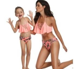 2 Piece Nylon Matching Bikini Swimwear Bathing Suits For Mom Or Daughter - Peach - Floral Print - Size L