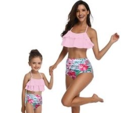 2 Piece Nylon Matching Bikini Swimwear Bathing Suits For Mom Or Daughter - Pink Neon - Plain Print - Size 4 To 5 Years