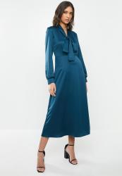 Velvet Satin Kittybow Long Sleeve Fit And Flare Midi Dress With Tie Belt-blue