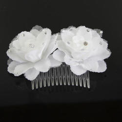 Bridal Hair Comb slide Accessory - Crystals & 2 White Flowers On Each Plastic Comb