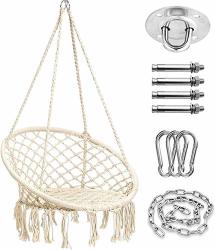 Geni Handwoven Cotton Macrame Hammock Hanging Chair Swing For Indoor Bedroom Yard Garden 330LBS Capacity Beige