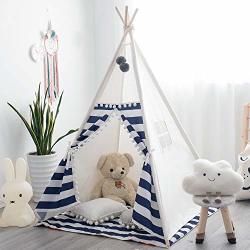 Treebud Kids Teepee Play Tent With Mat Indoor Outdoor Indian Tents With Striped Curtain Playhouse Pompom Lace Cotton Canvas Tipi With Carry Bag Navy Blue