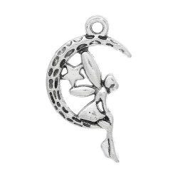 Charms - Antique Silver - Fairy Sitting On The Moon - Charm Pendants - 25x15mm