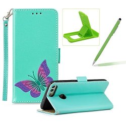 Strap Leather Case For Huawei P Smart Green Wallet Flip Case For Huawei P Smart Herzzer Classic Premuim Handmade Butterfly Pattern Shockproof Magnetic Stand