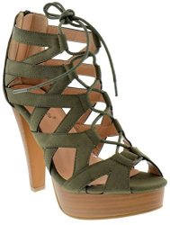 Top Moda Table 8 Peep Toe High Heel Lace Up Strappy Pumps Olive 6.5