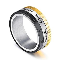 8MM Mens Womens Spinner Color Calendar Time Roman Numerals Band Stainless Steel Rings 12